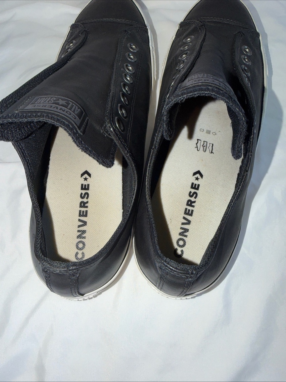 Converse Black Leather Slip-On Low Top Sneakers with White Sole - Picture 11 of 12